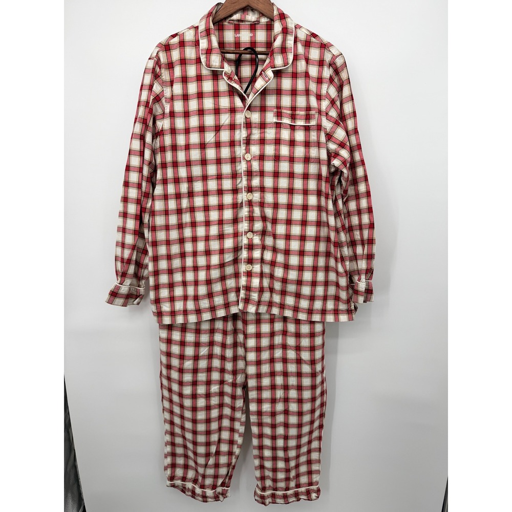 Lands End Pajama Set Mens L Red Tan Plaid Good Cotton Loungewear Pockets